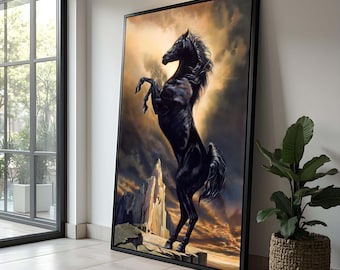 ブルーシャンパンホース、テクスチャーのある大胆な馬の絵、馬のアート