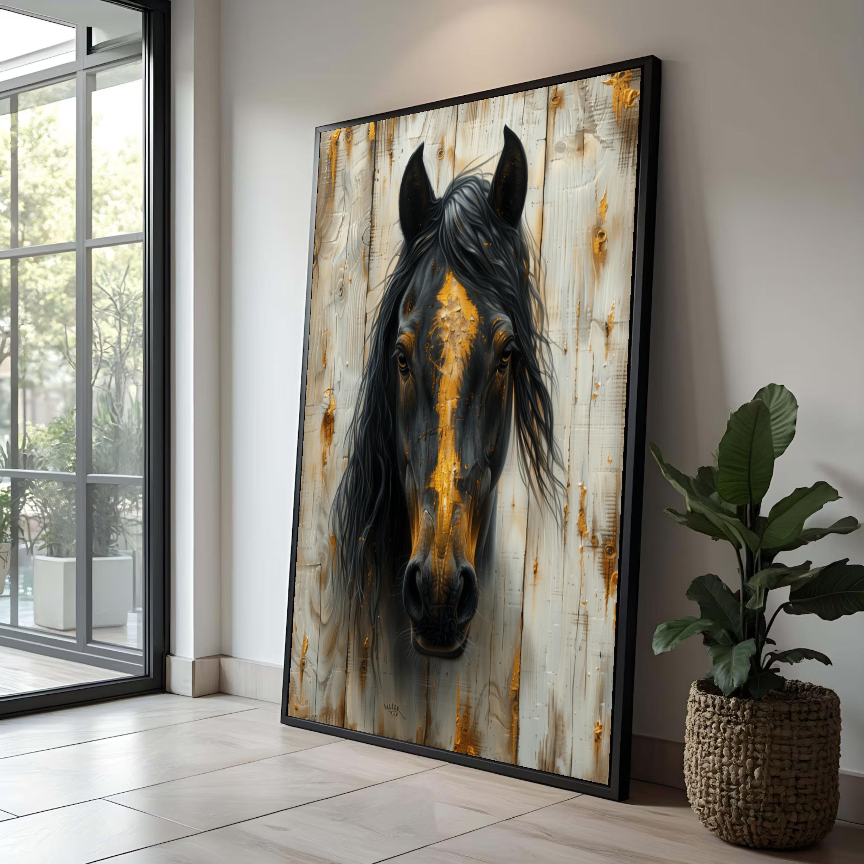 黒馬のキャンバスプリント：素朴な乗馬肖像画、すぐに飾れます - Etsy 日本
