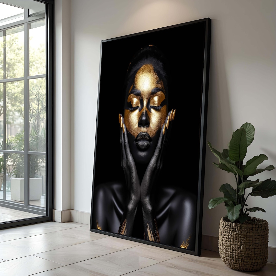 Black and Gold Face Art Striking Woman Canvas Glam Beauty Portrait