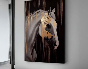 雄大な黒馬のキャンバス、黒と金の馬のアート、エレガントな馬の壁