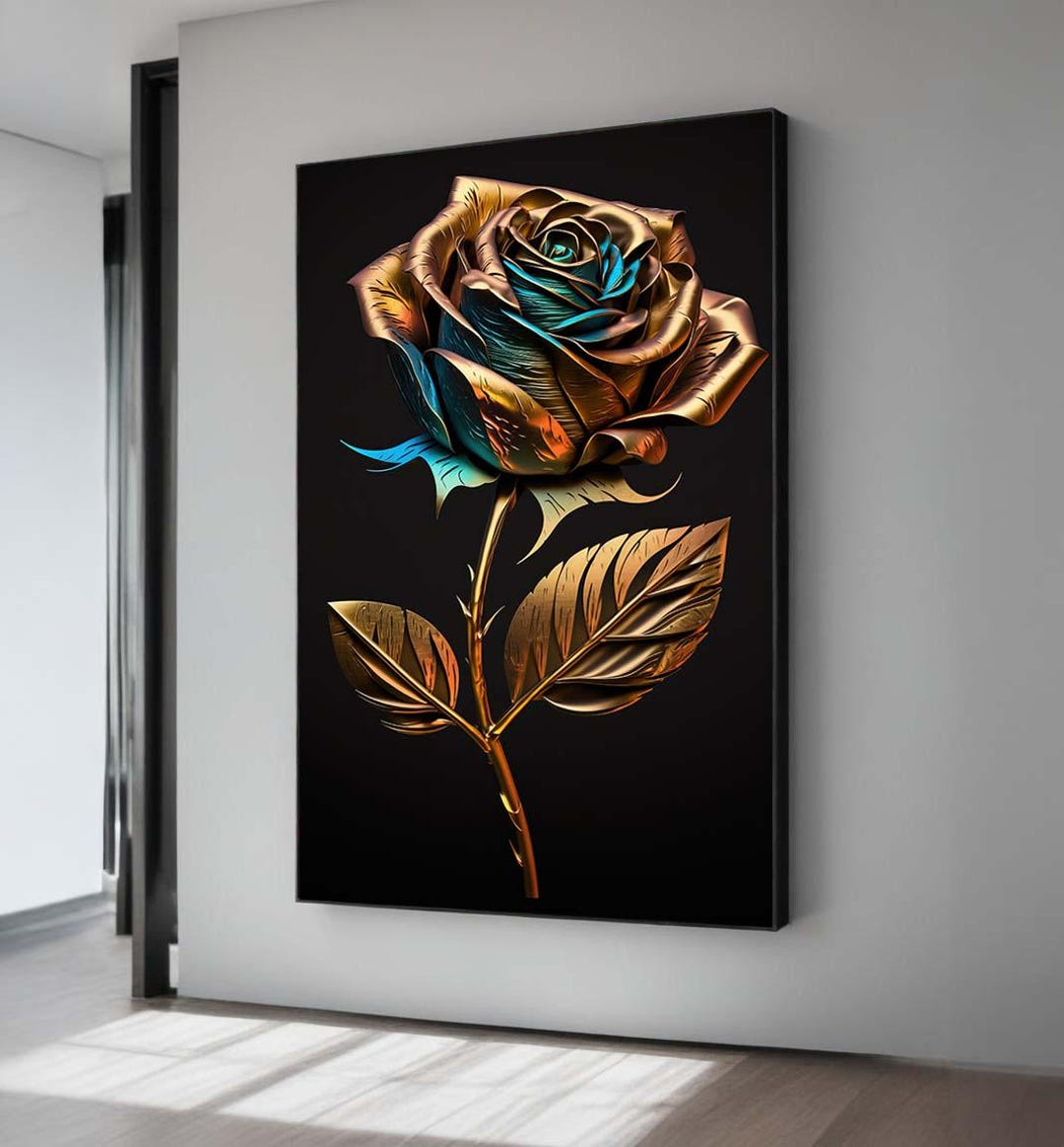 Gold Rose Canvas Print: Teal Floral Wall Art - Etsy