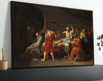 Puede incluir: Una pintura que representa una escena de la antigua Grecia, con varias figuras con túnicas blancas y marrones reunidas alrededor de un hombre que yace en una cama. El hombre lleva una túnica blanca y tiene barba. Las figuras están en una habitación con una pared de piedra y una puerta de madera. La pintura está en una paleta de colores oscuros y apagados.