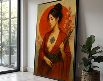 Samurai Woman Canvas Print, Red Kimono, Asian Home Decor
