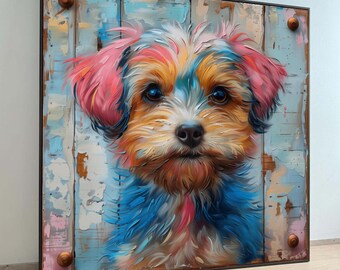 May include: A colorful dog portrait on a wooden background. The dog has a mix of pink, blue, orange, and white fur. The wooden background is painted with blue, pink, and white hues, framed in a black frame with copper-colored knobs.