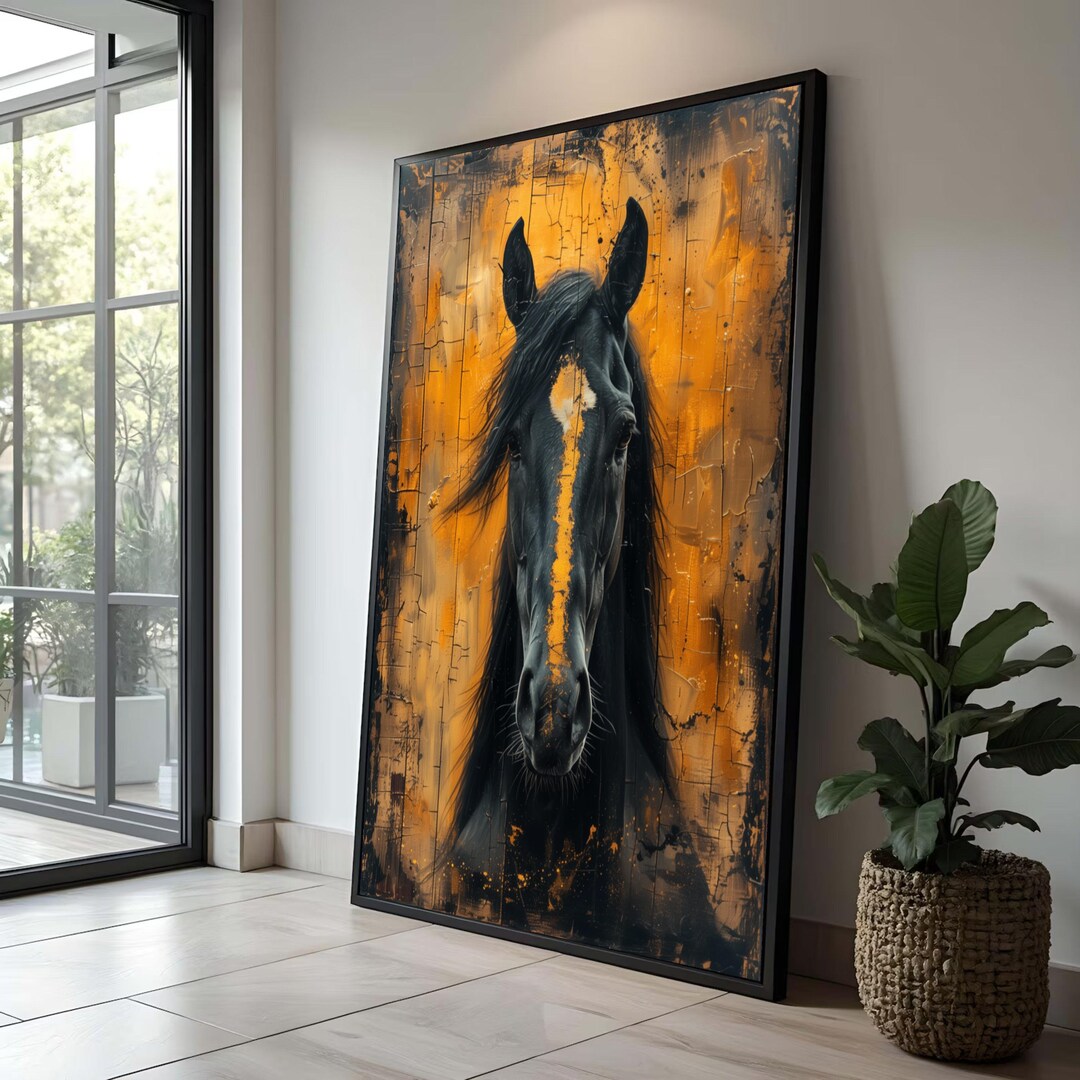 Majestic Black Horse Canvas Print: Abstract Orange Farmhouse Wall Art ...