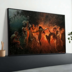 Joseph Tomanek - Fire Dance,Magical Fire Dance Painting - Mystical Night Gathering Canvas - Ethereal Women Dancing Art - Fantasy Wall Art