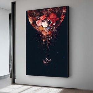 Astronauta surrealista y arte floral - Flores espaciales cósmicas - Arte de pared onírico del espacio exterior - Decoración de fantasía de ciencia ficción única - Impresión en lienzo grande