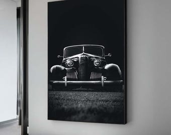 Lienzo impreso de coche clásico: fotografía retro de automóviles en blanco y negro.