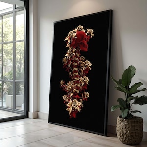Gold Rose Skull Canvas Print: Gothic Floral Wall Art