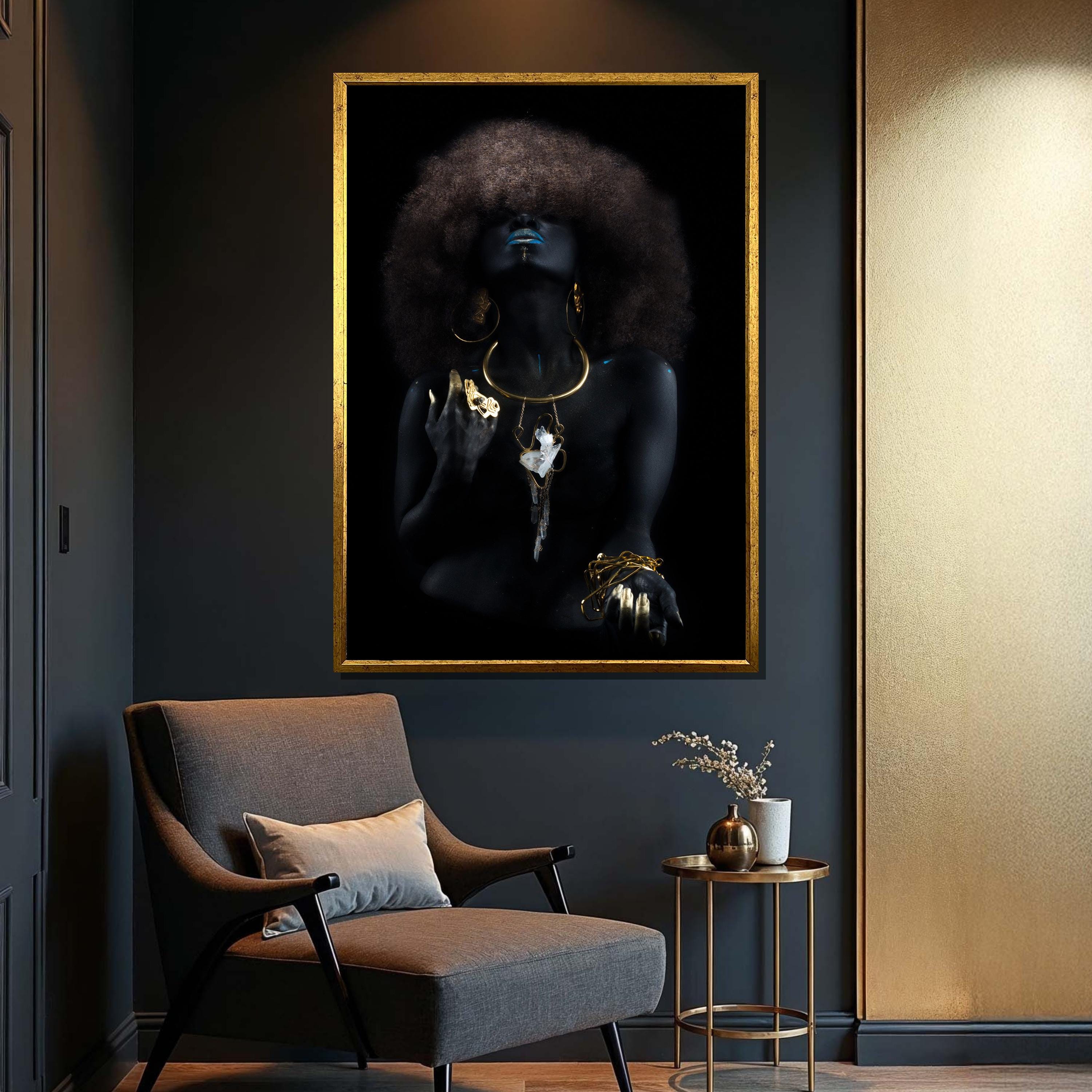 Afro Black Woman Art Canvas Print | Gold Jewelry, Afrocentric Decor - Etsy