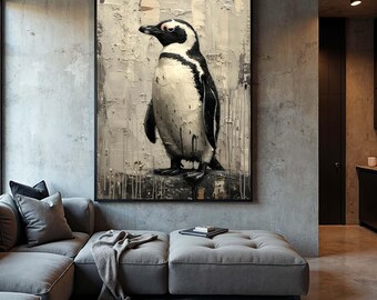 質感のあるペンギンのキャンバスアート：素朴な白黒の動物画 - Etsy 日本