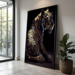 Schwarz und Gold Tiger Kunstdruck Gemälde | Luxuriöse Tiger Leinwand|Metallic Tier Wanddekor|Elegante Wildtier Kunstwerk | Geschenk für Naturliebhaber