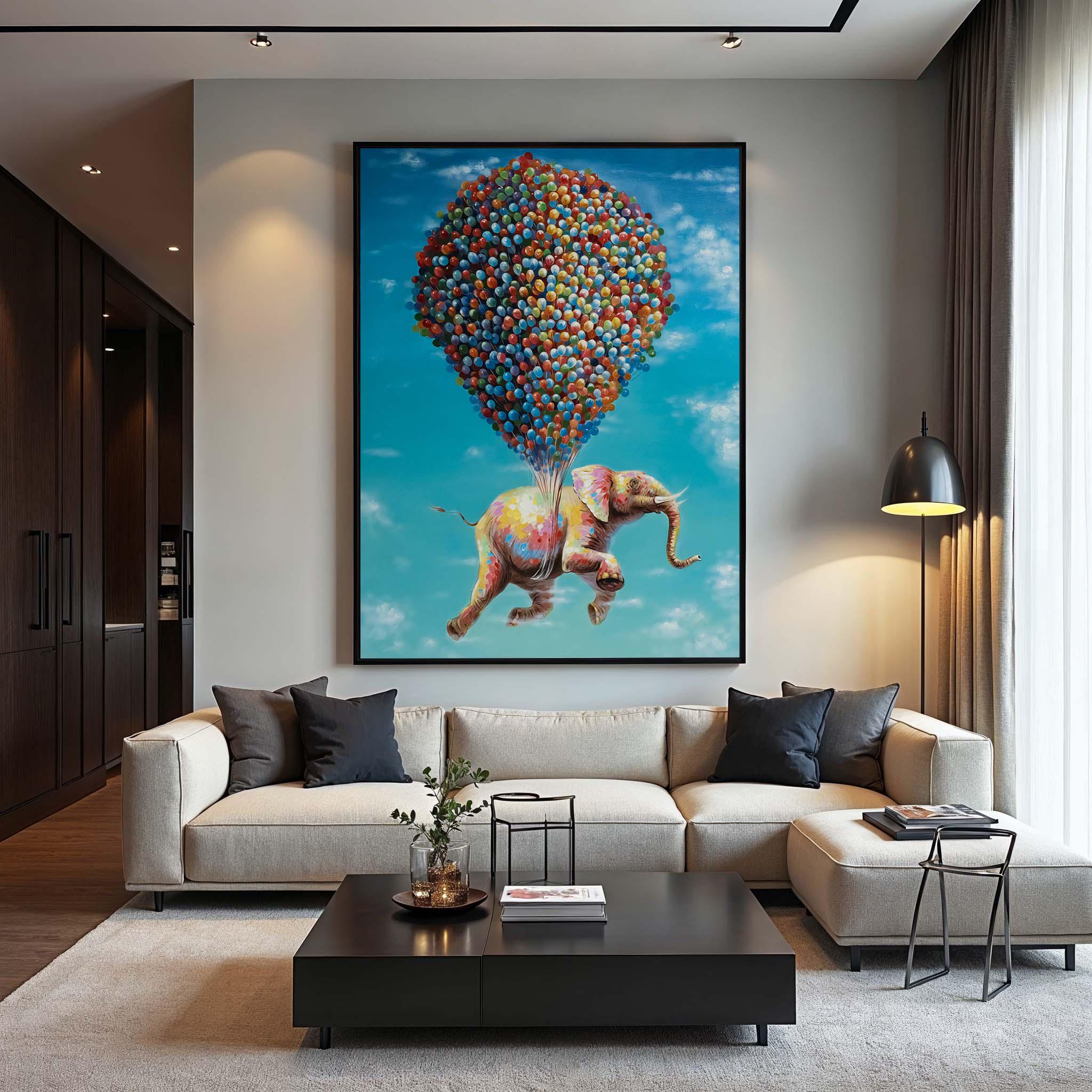 風船を持った象のキャンバスプリント：気まぐれな子供部屋の壁アート