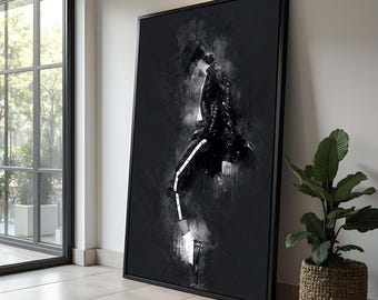 Puede incluir: Pintura de acuarela en blanco y negro de una persona con un atuendo brillante, sobre un fondo negro.