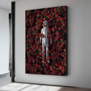 Surreal Astronaut in Blooming Roses - Futuristic Space Floral Art - Unique Sci-Fi Wall Decor - Dreamy Astronaut Nature Print