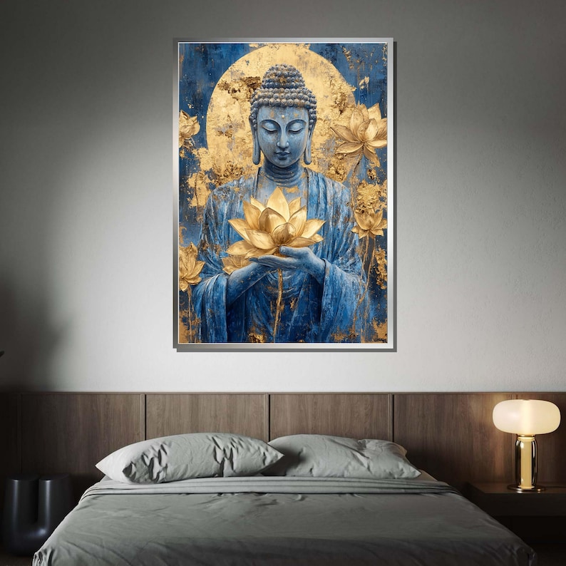 Blue Buddha With Golden Lotus Wall Art - Spiritual Canvas for Zen ...