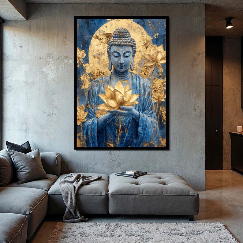 Blue Buddha With Golden Lotus Wall Art - Spiritual Canvas for Zen ...
