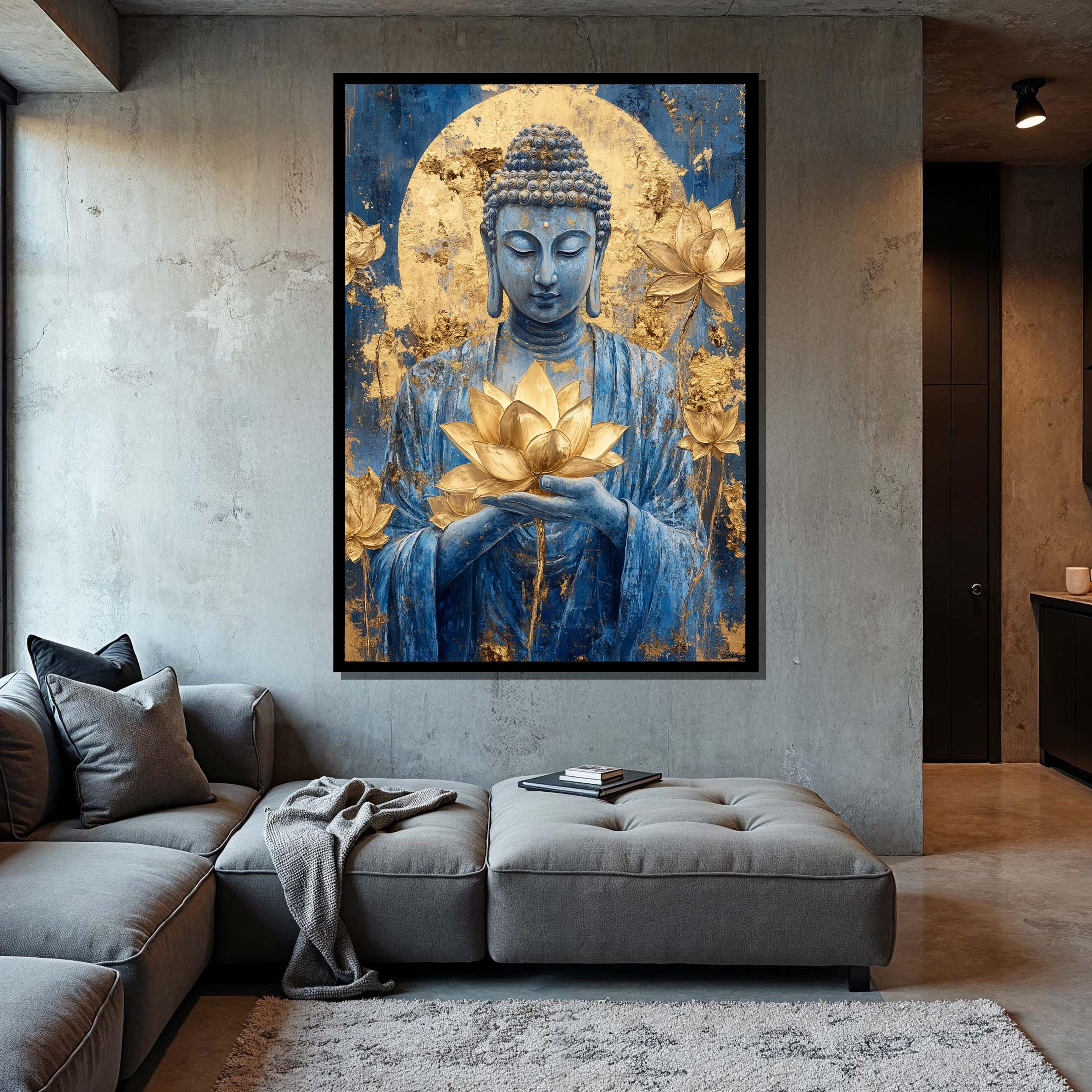 Blue Buddha With Golden Lotus Wall Art - Spiritual Canvas for Zen ...