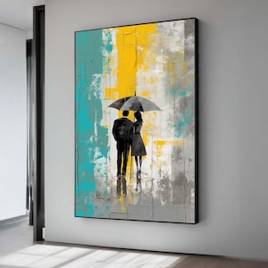 Abstract Couple Under Umbrella Art - Romantic Love Painting - Modern Canvas Wall Art for Bedroom & Living Room Decor - Anniversary Gift