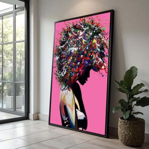 Afro Kunst Silhouette Leinwand | Buntes Haar Abstrakte Malerei | Lebendige schwarze Frau Wandkunst | Afrozentrische Wohnkultur | Einzigartiges Geschenk für Sie