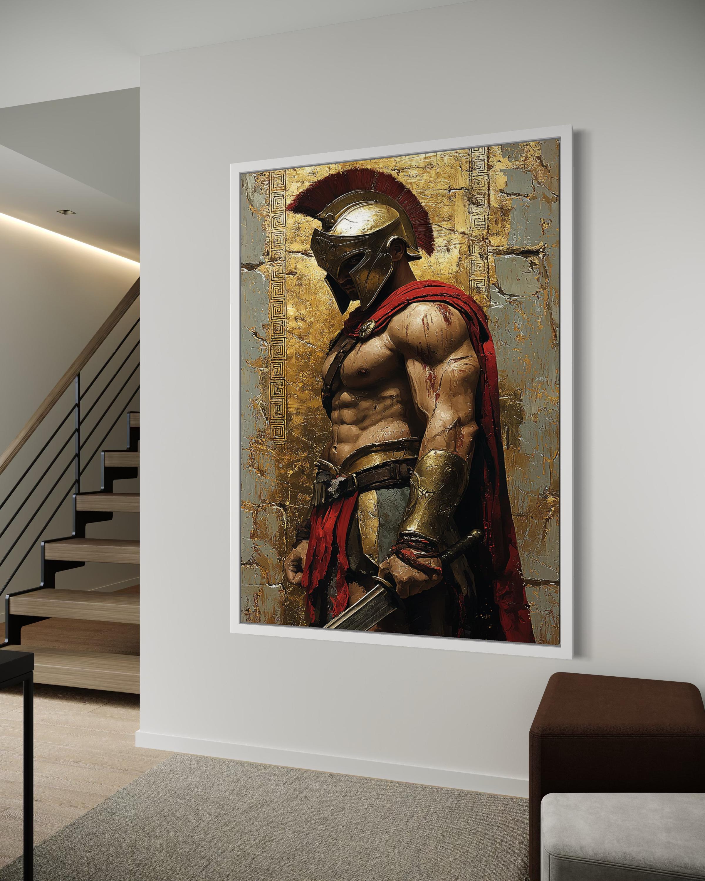 Spartan Warrior Canvas Print: Gold Helmet, Red Cape, Masculine