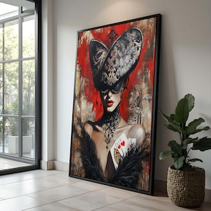 Donna misteriosa con carte su tela – Stampa artistica gotica scura ed elegante per decorazioni murali moderne – Intrigante dipinto di donna mascherata