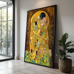 De kus van Gustav Klimt - Kussende kunst, romantische kunstprint, Golden Lovers Embrace, beroemde symbolistische schilderijreproductie, nouveau-muurdecoratie