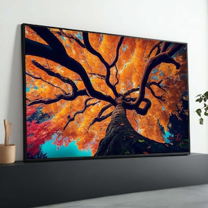 Majestic Autumn Tree Wall Art - Vibrant Fall Foliage Landscape Print - Nature&#39;s Beauty in Orange and Yellow - Perfect Fall Home Decor