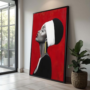 Afro Woman Art,Bold African Woman Portrait - Red and Black Modern Canvas Art, Afrocentric Wall Decor, Empowering Gift for Her