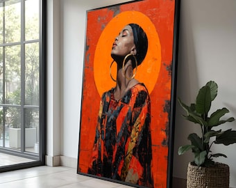 Lienzo con retrato de mujer afrocentrista audaz, arte mural abstracto contemporáneo, pintura vibrante en naranja y negro, decoración de lujo para el hogar que marca la diferencia.