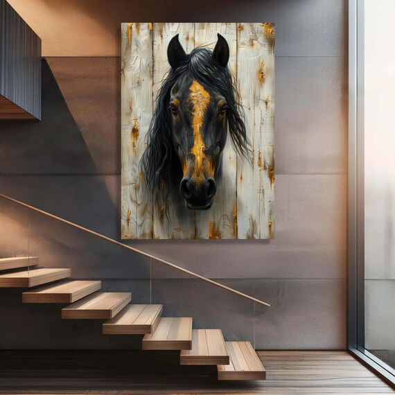 黒馬のキャンバスプリント：素朴な乗馬肖像画、すぐに飾れます - Etsy 日本