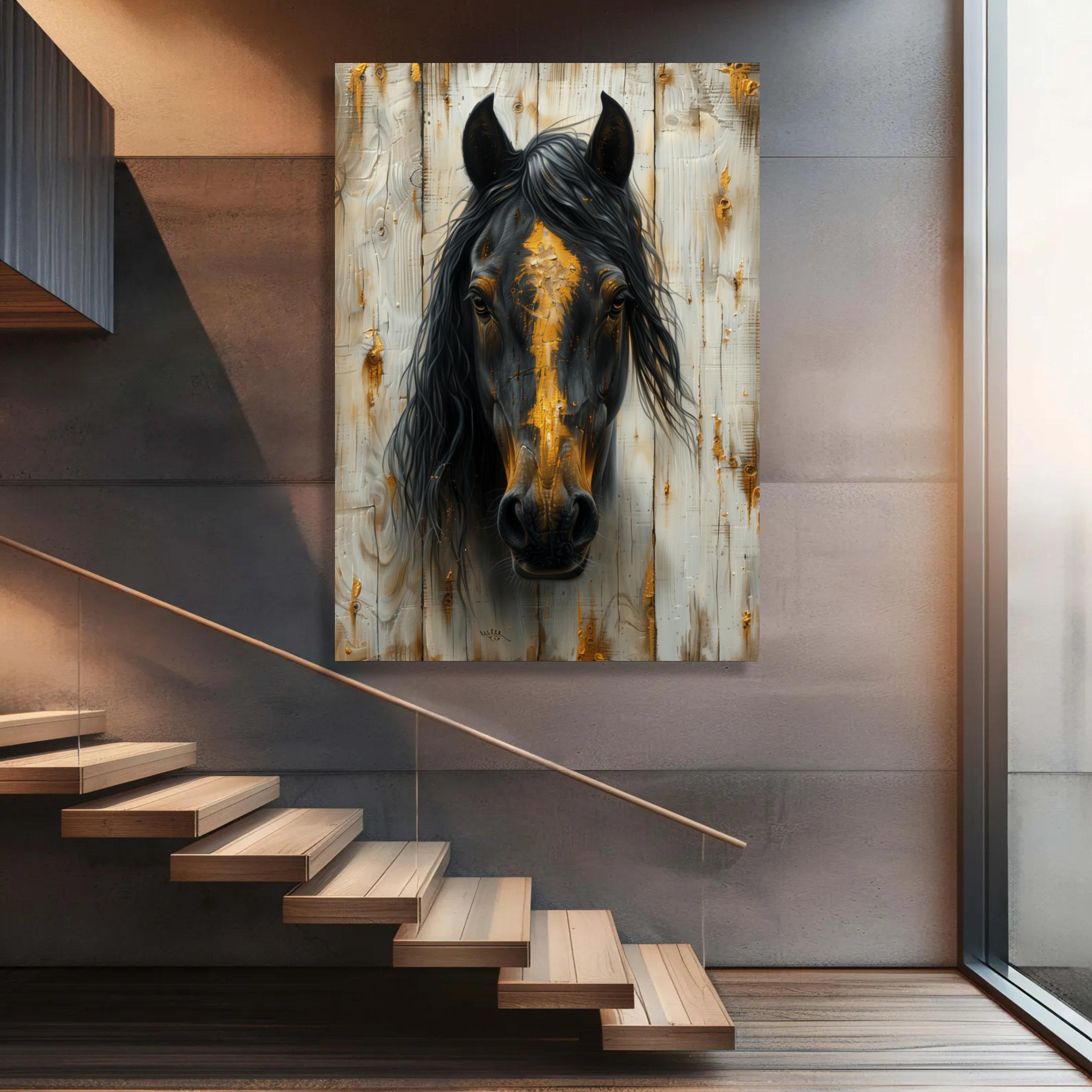 黒馬のキャンバスプリント：素朴な乗馬肖像画、すぐに飾れます - Etsy 日本