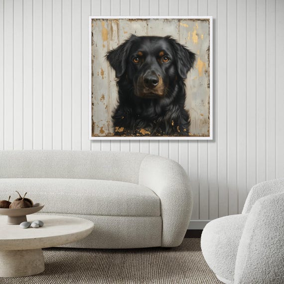 アンティーク風　絵画　黒犬 黒犬の肖像画キャンバス：素朴な木製ウォールアート、リアルなペットの