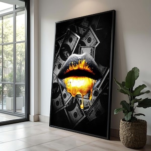 Lips Wall Art,Gold Dripping Lips -Money | Luxurious Black & Gold Art |Bold Wealth-Inspired Decor|Modern Glam Wall Art|Statement Canvas Print