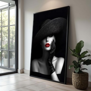 FRAUEN KUNST, elegante Schwarz-Weiß-Frauenporträt | Rote Lippen Mode Kunstdruck | Chic Glamour Wanddekor | Modernes stilvolles Geschenk für sie