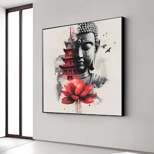 Abstract Buddha Art with Red Lotus and Temple - Asian Zen Canvas Wall Decor for Meditation Room, Spiritual Wall Canvas| Spiritual Home Decor