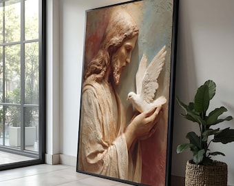 Jezus met duif canvas muurkunst, religieuze christelijke decoratie, spiritueel geloof kunstwerk, inspirerend huis muur decor luxe interieur