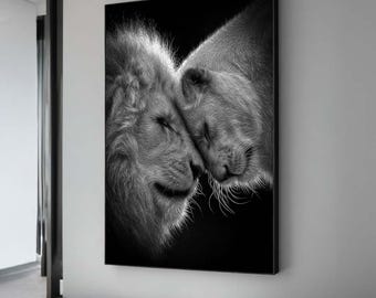 Lion Couple Canvas Art: Romantic Black and White Animal Wall Decor