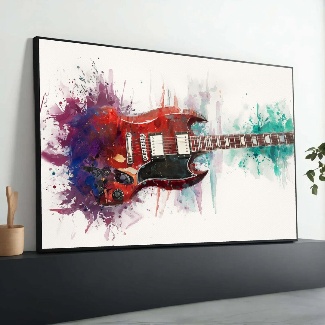 エレキギターの水彩画キャンバスアート：モダンな音楽室の装飾 - Etsy 日本
