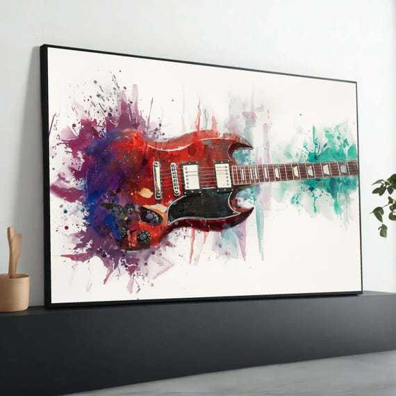 エレキギターの水彩画キャンバスアート：モダンな音楽室の装飾 - Etsy 日本