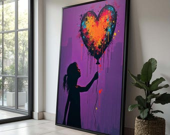Girl with Heart Balloon Canvas Print: Vibrant Graffiti Street Art