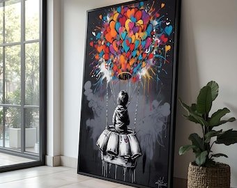 Heart Balloon Graffiti Art Print: Whimsical Urban Canvas
