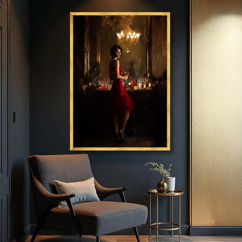 Glamour Woman in Red Dress Canvas Print, Moody Bar Scene Wall Art - Etsy