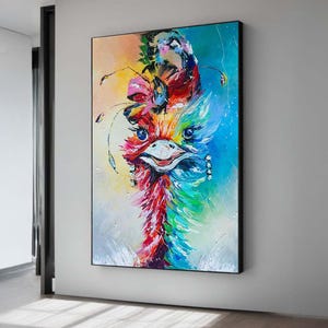 Colorful Ostrich Painting - Whimsical Bird Art - Vibrant Animal Wall Decor - Fun and Quirky Canvas - Playful Ostrich Portrait Art