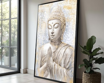 Quadro em tela com Buda sereno em branco e dourado | Decoração para meditação zen