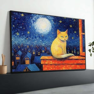 Sternenklare Nacht Katzenkunst - Wunderliche Katze auf dem Dach, Gemälde im Van Gogh-Stil, Geschenk für Tierliebhaber, gemütliche Nachtszene, lebendige Wanddekoration