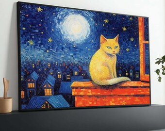 Starry Night Cat Canvas Print: Van Gogh Style Feline Art