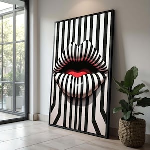 Labbra astratte Pop Art - Tela a righe bianche e nere, decorazione da parete audace, arte moderna, regalo unico per gli amanti della moda, fidanzato, Natale