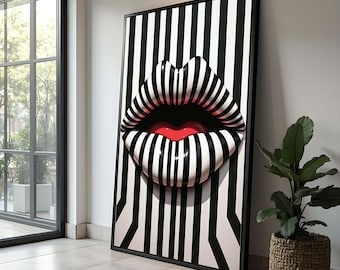 Abstract Lips Pop Art – Black and White Striped Canvas, Bold Wall Decor, Modern Art, Unique Gift for Fashion Lovers, Boyfriend, Christmas