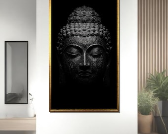 May include: Black and white photograph of a Buddha statue with closed eyes. The statue is in a dark setting, with only the face illuminated.